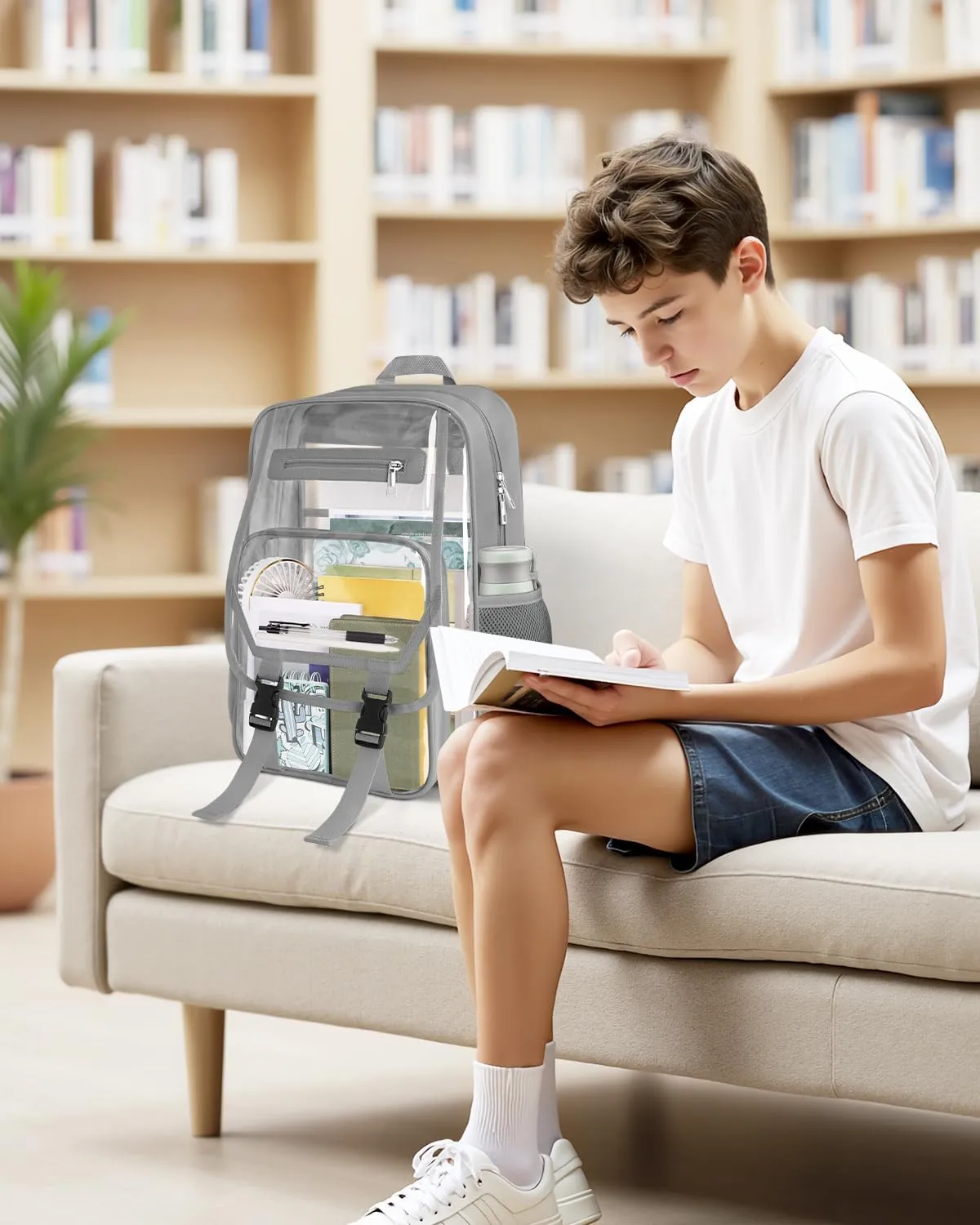 Heavy Duty Clear Backpack, Fabric & PVC Transparent Bookbag for School, See Through Backpacks with Reinforced Strap for Women Men, Large Capacity Clear Bag for College, Travel, Security, Grey