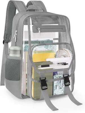 Heavy Duty Clear Backpack, Fabric & PVC Transparent Bookbag for School, See Through Backpacks with Reinforced Strap for Women Men, Large Capacity Clear Bag for College, Travel, Security, Grey