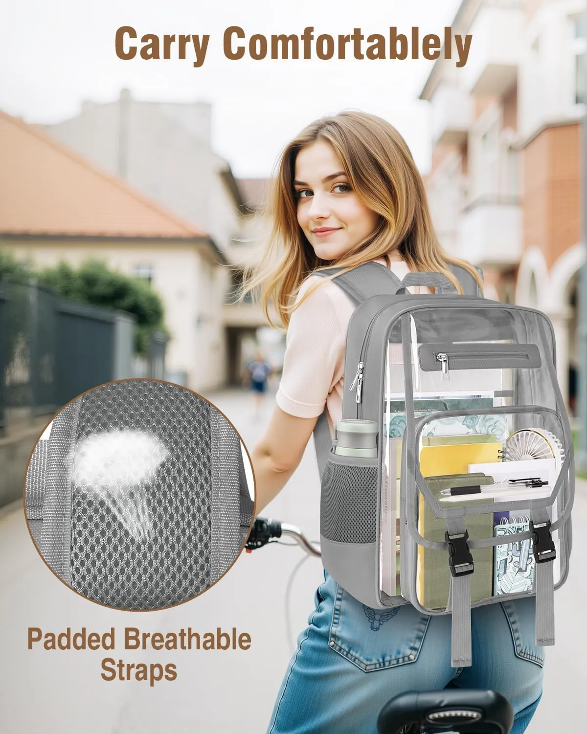 Heavy Duty Clear Backpack, Fabric & PVC Transparent Bookbag for School, See Through Backpacks with Reinforced Strap for Women Men, Large Capacity Clear Bag for College, Travel, Security, Grey