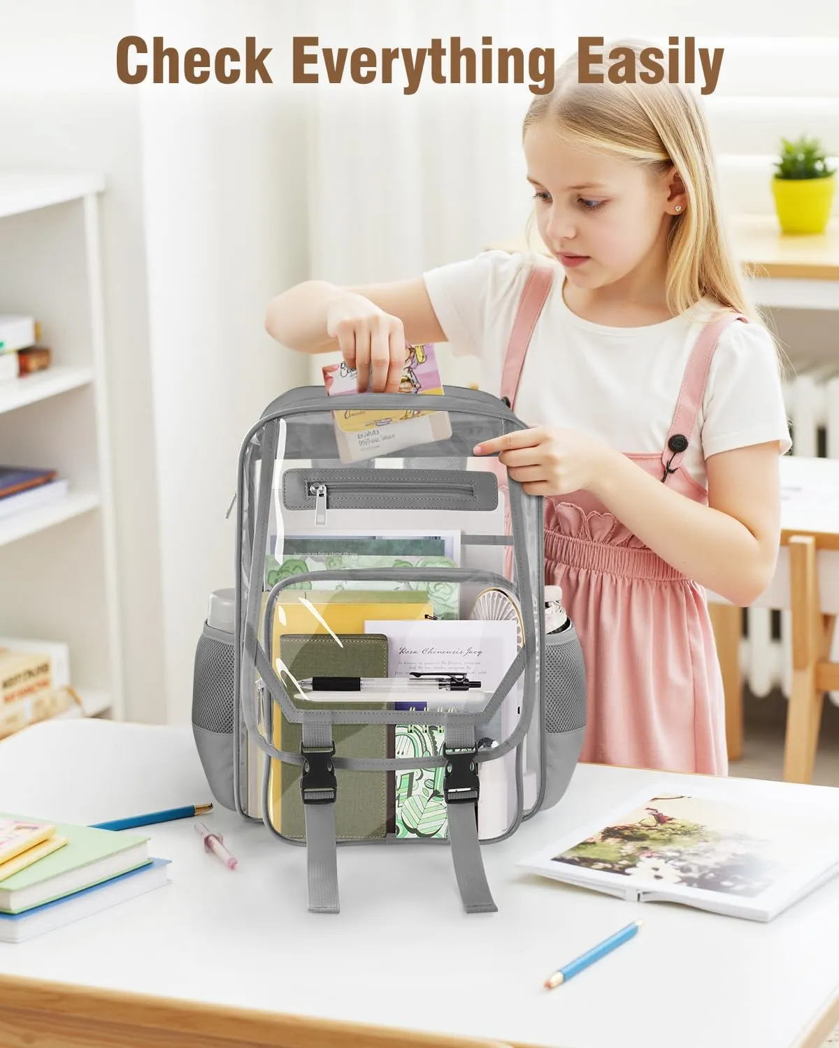 Heavy Duty Clear Backpack, Fabric & PVC Transparent Bookbag for School, See Through Backpacks with Reinforced Strap for Women Men, Large Capacity Clear Bag for College, Travel, Security, Grey