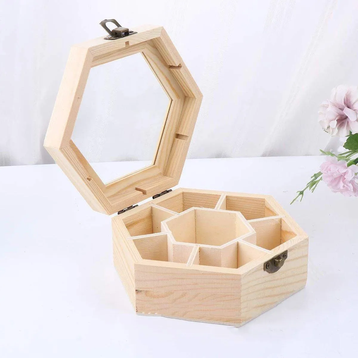 Hexagonal Seven Jewelry Compartment Wooden Organizer Desktop Finishing Box