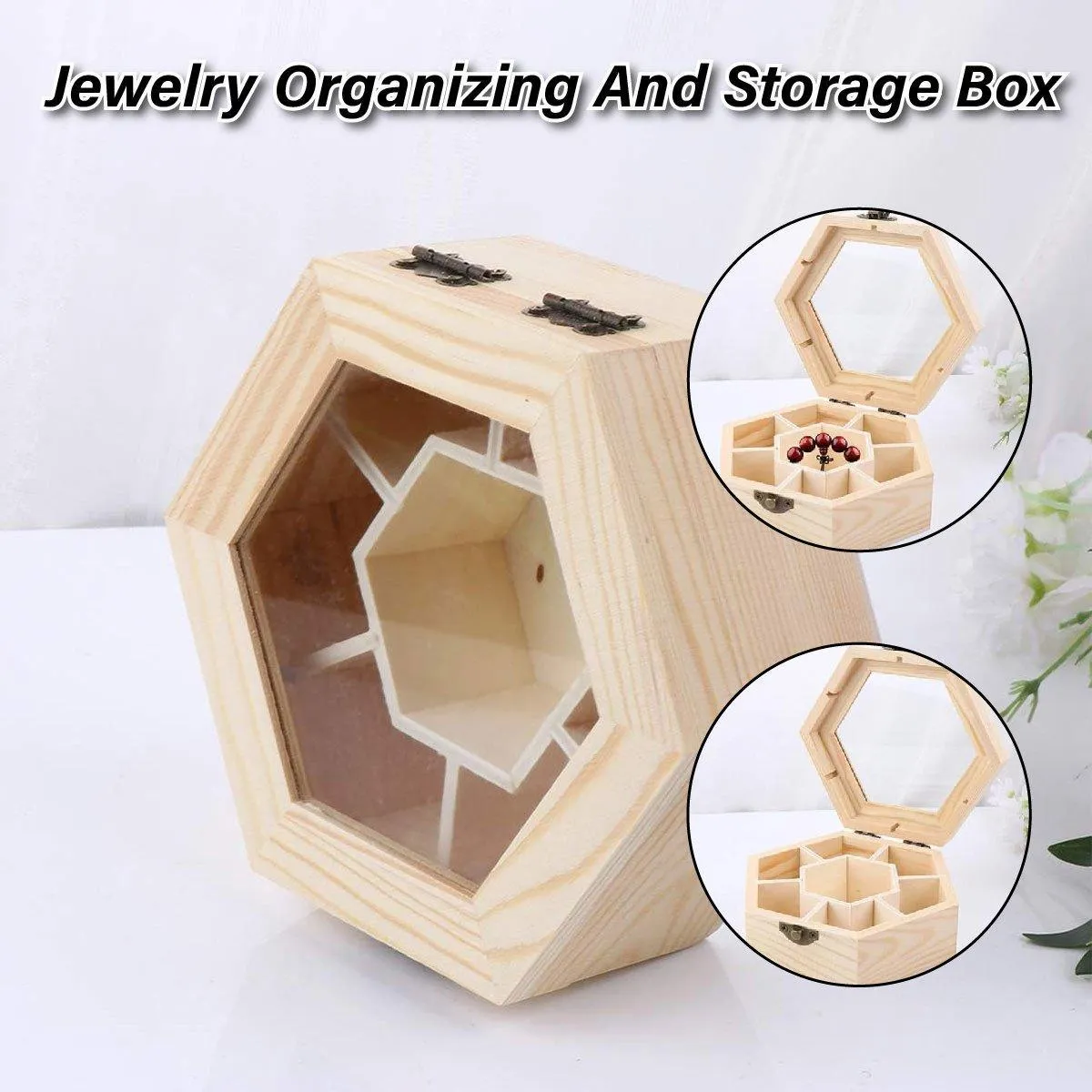 Hexagonal Seven Jewelry Compartment Wooden Organizer Desktop Finishing Box