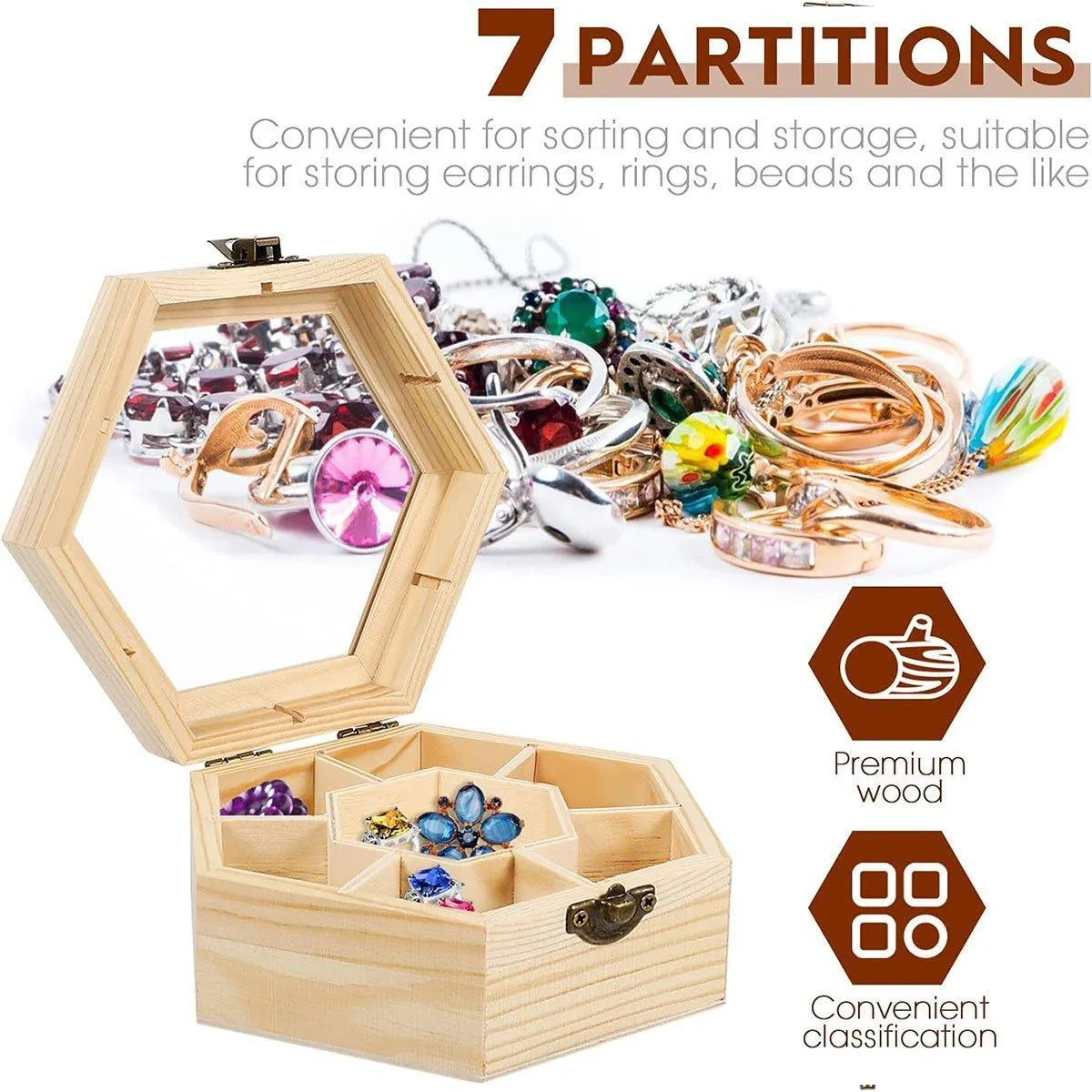 Hexagonal Seven Jewelry Compartment Wooden Organizer Desktop Finishing Box
