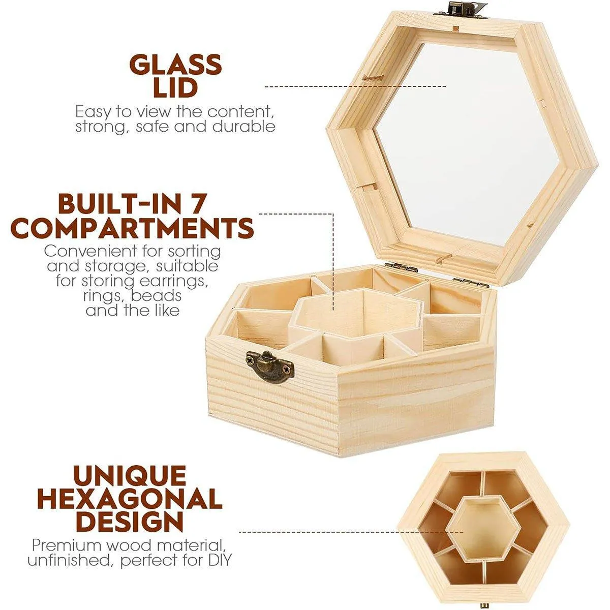 Hexagonal Seven Jewelry Compartment Wooden Organizer Desktop Finishing Box