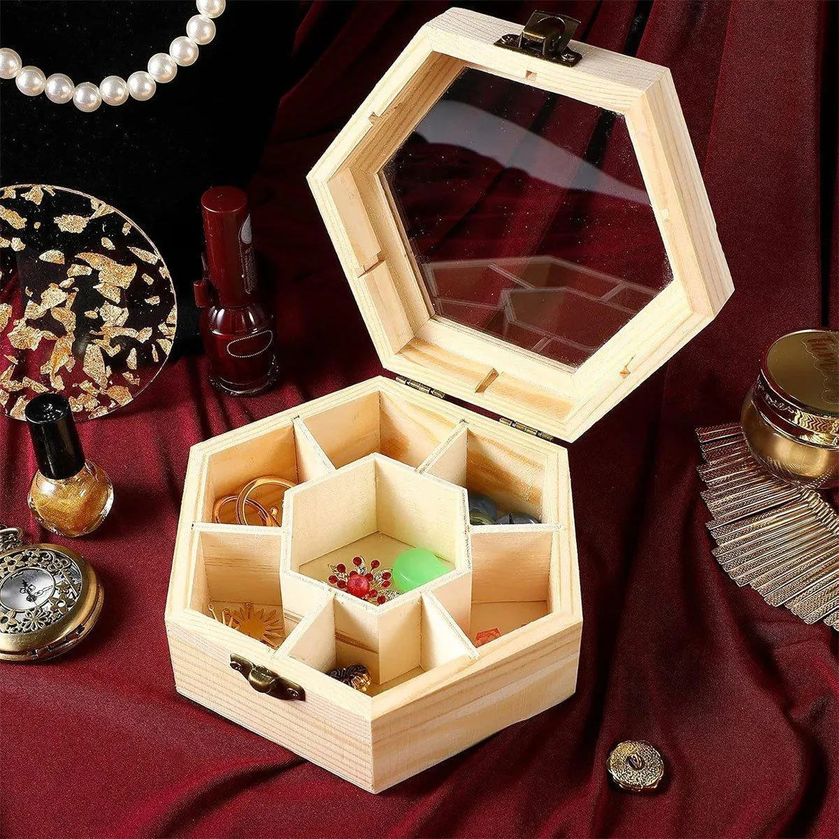 Hexagonal Seven Jewelry Compartment Wooden Organizer Desktop Finishing Box