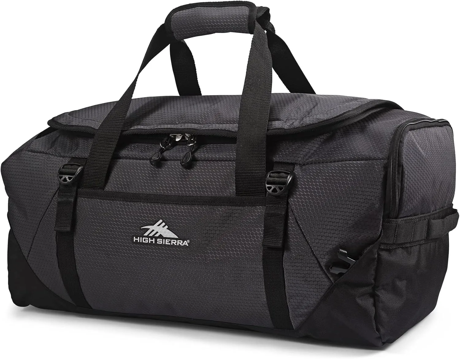High Sierra Fairlead Travel Overnight Duffel Backpack Gym Bag with Padded Handles, Compression Straps, and Multiple Pockets, Mercury/Black