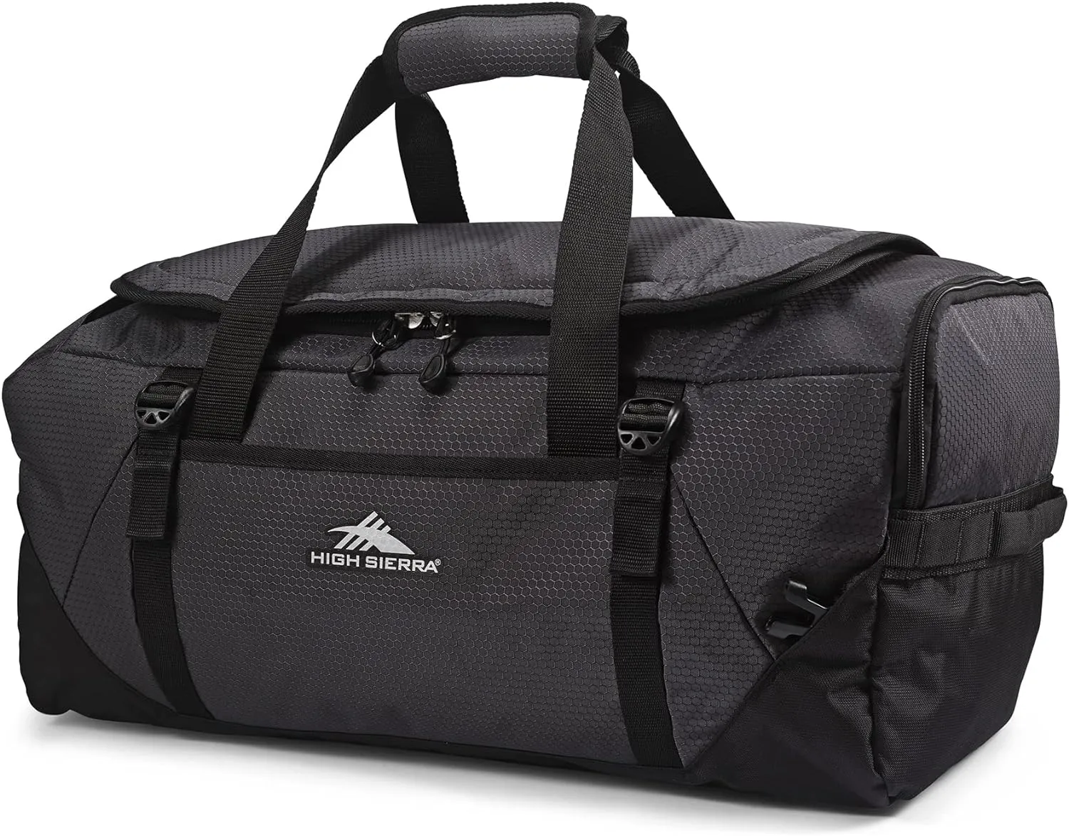 High Sierra Fairlead Travel Overnight Duffel Backpack Gym Bag with Padded Handles, Compression Straps, and Multiple Pockets, Mercury/Black
