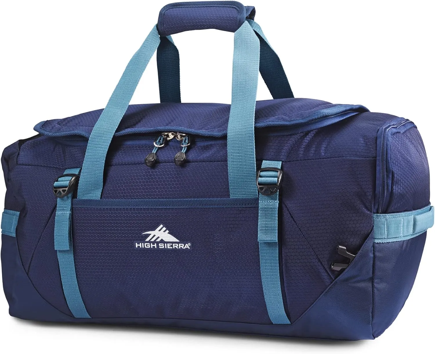 High Sierra Fairlead Travel Overnight Duffel Backpack Gym Bag with Padded Handles, Compression Straps, and Multiple Pockets, True Navy/Graphite Blue