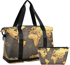 Historic World Map Duffel Bag Lightweight Carry On Gym Bags for Travel and Weekends, Versatile Overnight Bag with Shoe Compartment