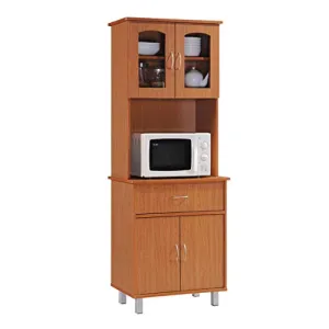 HODEDAH IMPORT Long Standing Kitchen Cabinet with Top & Bottom Enclosed Cabinet Space, One Drawer, Large Open Space for Microwave, Cherry