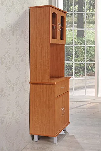 HODEDAH IMPORT Long Standing Kitchen Cabinet with Top & Bottom Enclosed Cabinet Space, One Drawer, Large Open Space for Microwave, Cherry