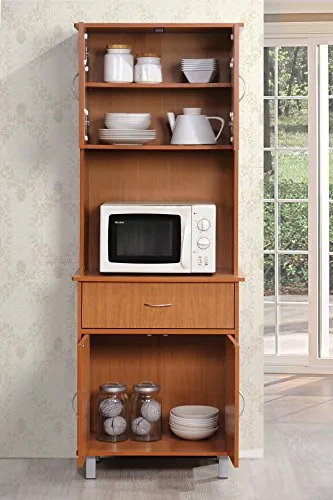 HODEDAH IMPORT Long Standing Kitchen Cabinet with Top & Bottom Enclosed Cabinet Space, One Drawer, Large Open Space for Microwave, Cherry