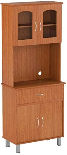 HODEDAH IMPORT Long Standing Kitchen Cabinet with Top & Bottom Enclosed Cabinet Space, One Drawer, Large Open Space for Microwave, Cherry