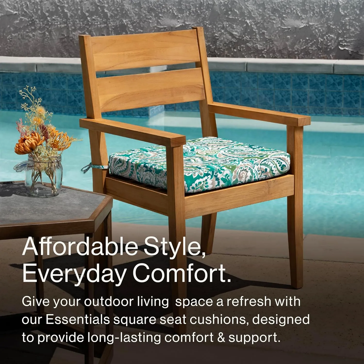 Honeycomb Essentials Outdoor Square Seat Cushions, 19" x 19", Geneva Paisley Turquoise Patio Chair Cushion 2-Pack