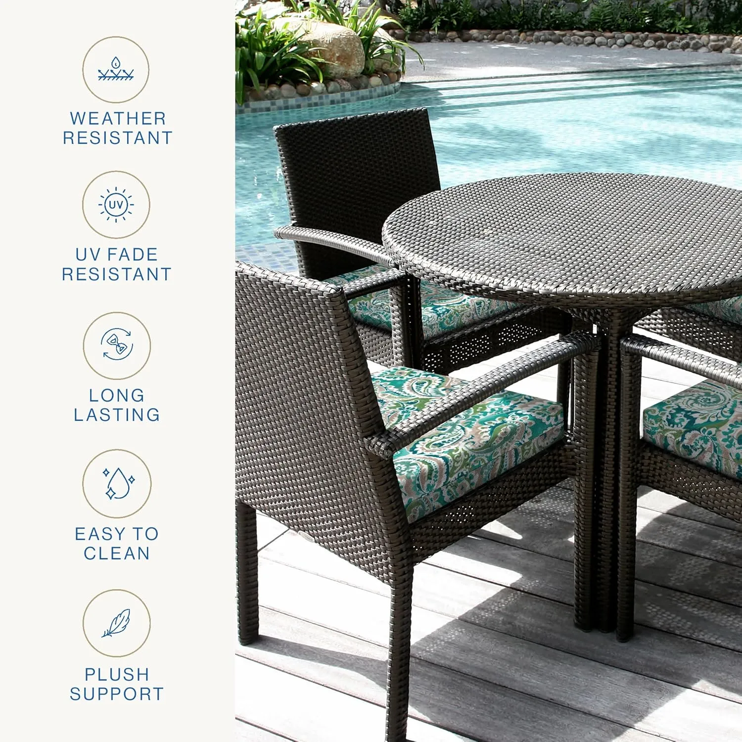 Honeycomb Essentials Outdoor Square Seat Cushions, 19" x 19", Geneva Paisley Turquoise Patio Chair Cushion 2-Pack