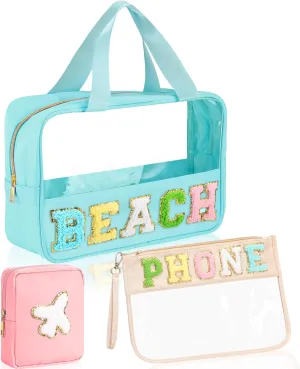 Hoolerry 3 Pcs Preppy Makeup Bags Set Chenille Letter Toiletry Bag PVC Portable Glitter Travel Phone Bag Aesthetic Hanging Travel Pouch for Women