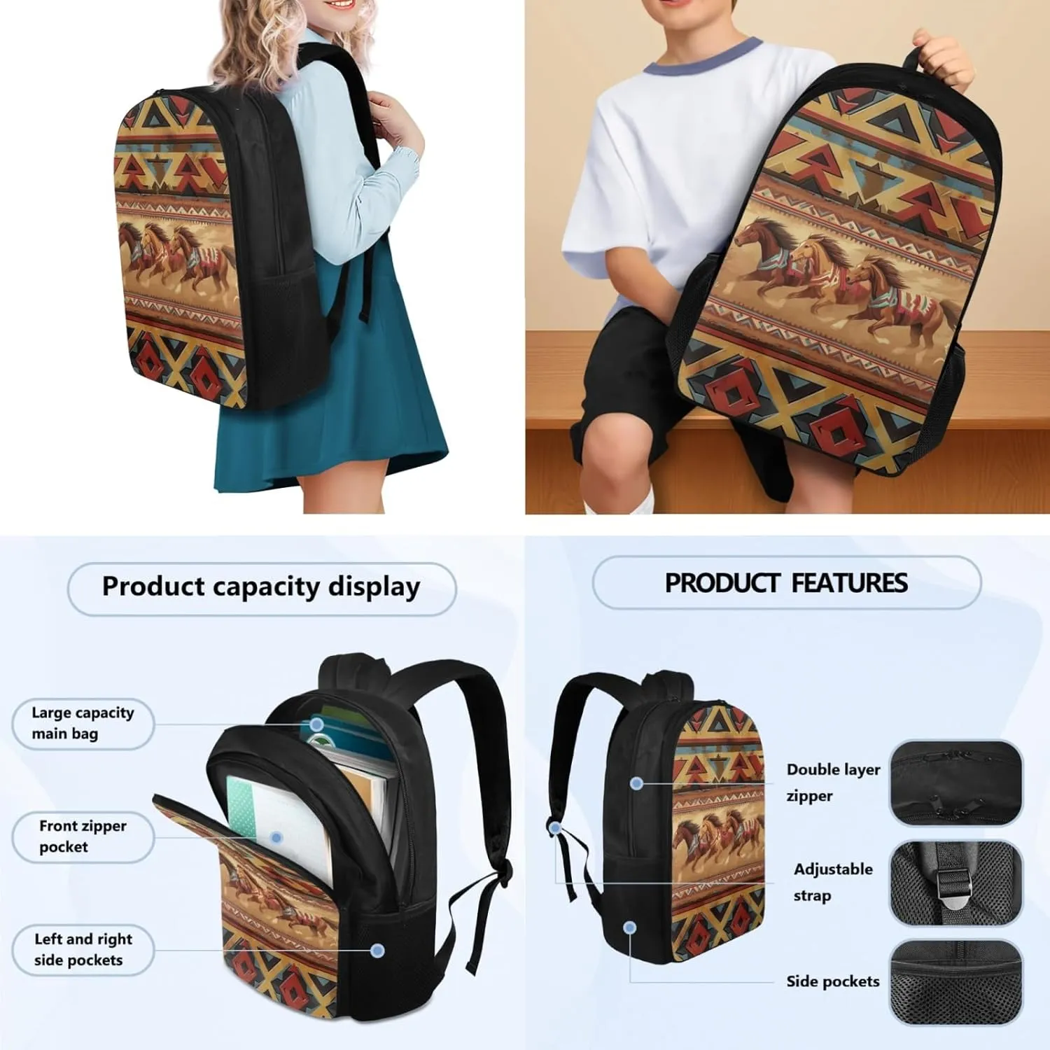 Horse Kids Backpack 3-Pcs Set Aztec Western Boys Girls School Bag with Pencil Case and Lunch Box for Toddler Children Large Capacity Daypack Set for Elementary Teens