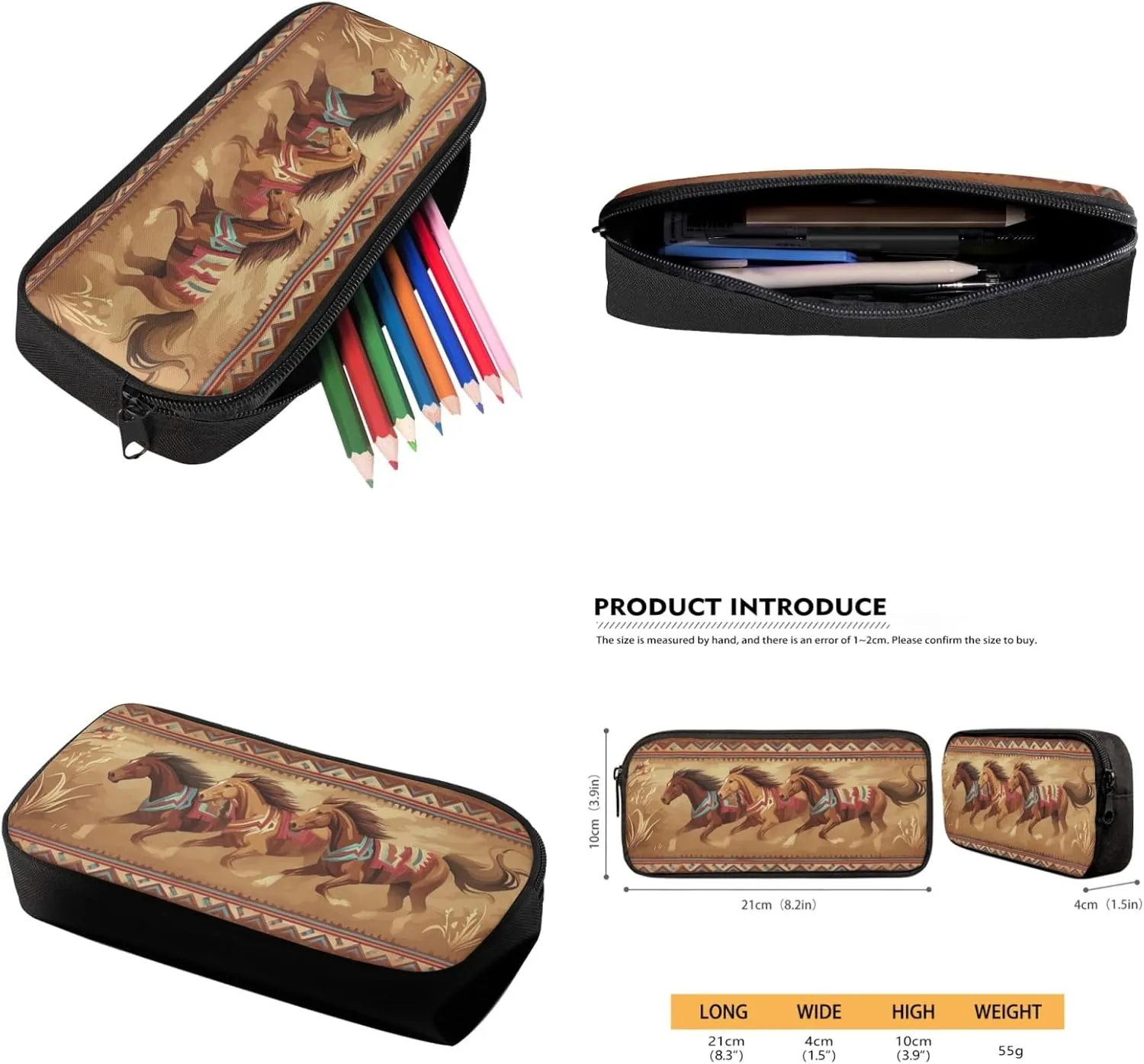 Horse Kids Backpack 3-Pcs Set Aztec Western Boys Girls School Bag with Pencil Case and Lunch Box for Toddler Children Large Capacity Daypack Set for Elementary Teens