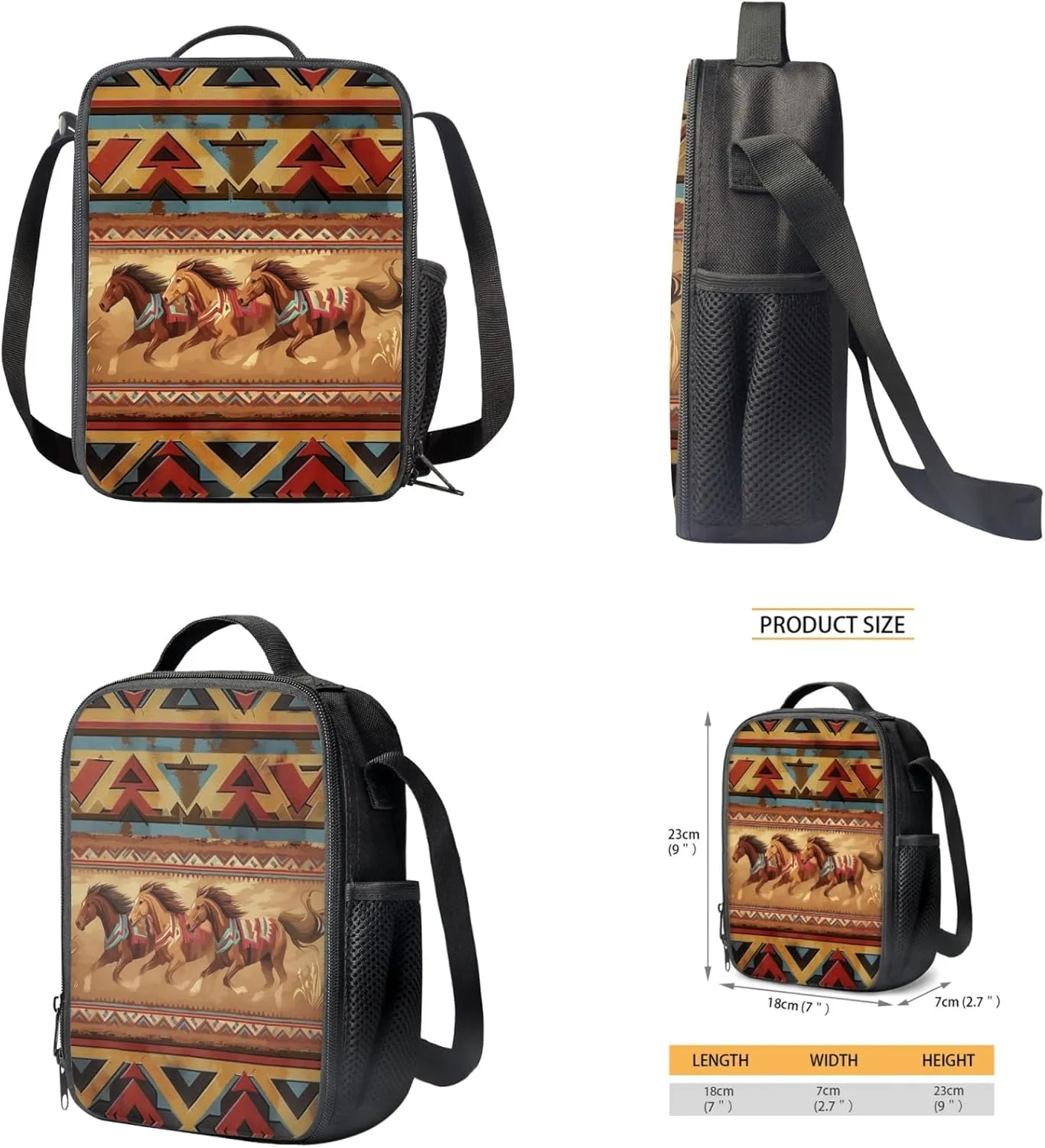 Horse Kids Backpack 3-Pcs Set Aztec Western Boys Girls School Bag with Pencil Case and Lunch Box for Toddler Children Large Capacity Daypack Set for Elementary Teens