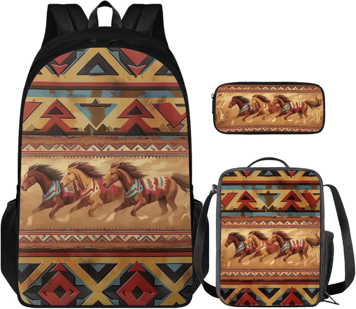 Horse Kids Backpack 3-Pcs Set Aztec Western Boys Girls School Bag with Pencil Case and Lunch Box for Toddler Children Large Capacity Daypack Set for Elementary Teens