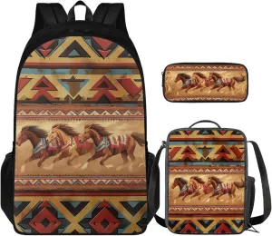 Horse Kids Backpack 3-Pcs Set Aztec Western Boys Girls School Bag with Pencil Case and Lunch Box for Toddler Children Large Capacity Daypack Set for Elementary Teens
