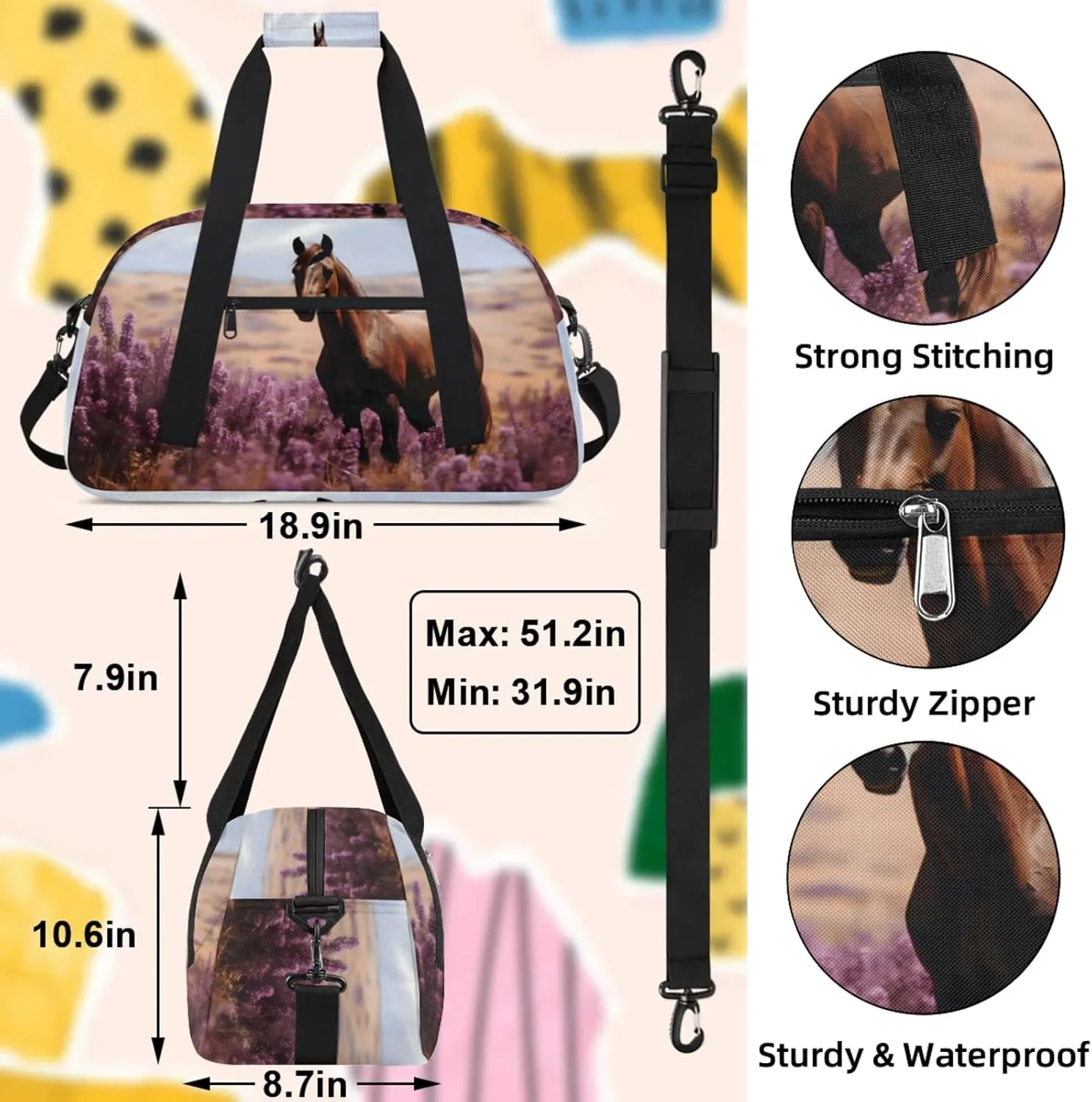 Horse Lavender Small Gym Bag 18 inch Carry On Duffel Bag for Weekender Travel Sports Workout Yoga Gymnastics Dance Ballet