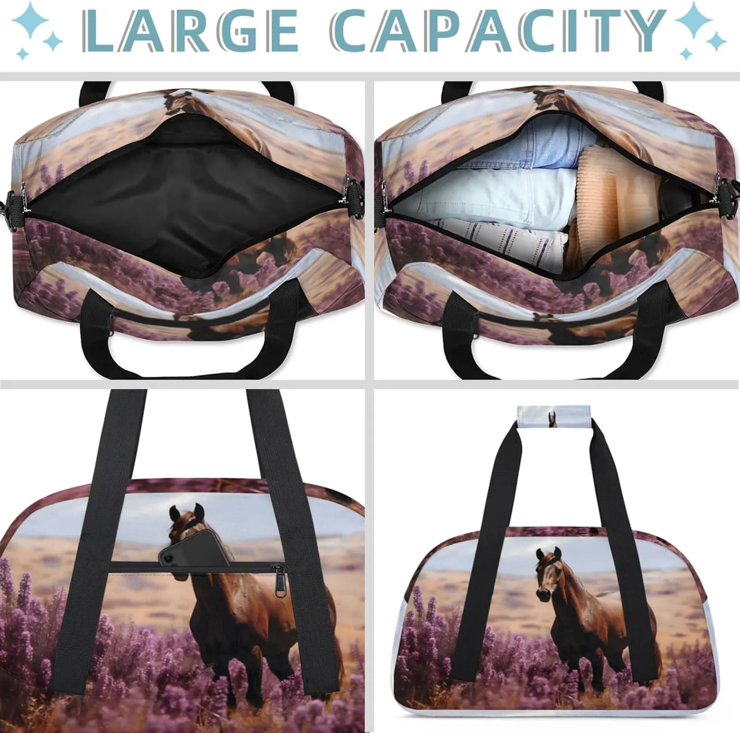Horse Lavender Small Gym Bag 18 inch Carry On Duffel Bag for Weekender Travel Sports Workout Yoga Gymnastics Dance Ballet