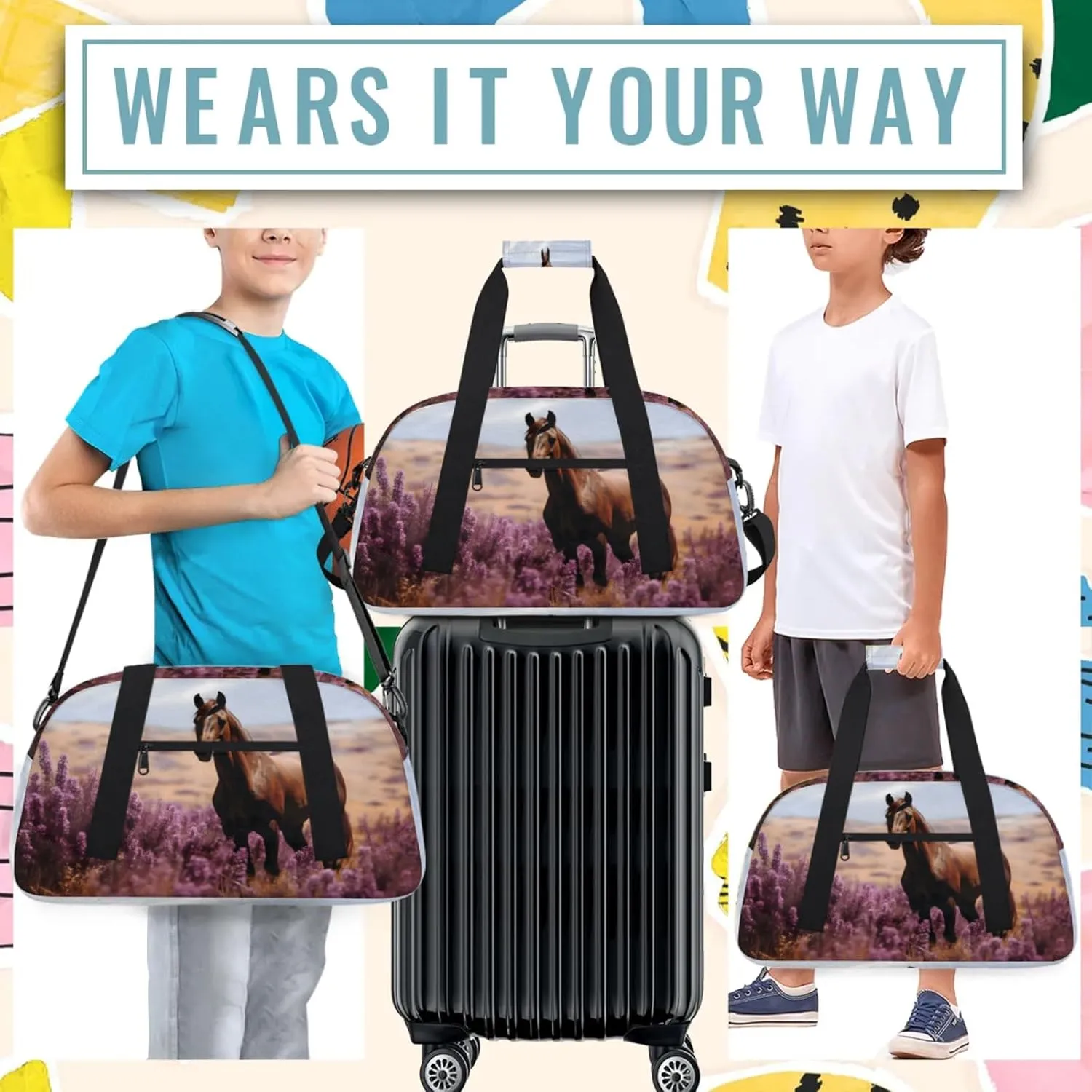 Horse Lavender Small Gym Bag 18 inch Carry On Duffel Bag for Weekender Travel Sports Workout Yoga Gymnastics Dance Ballet