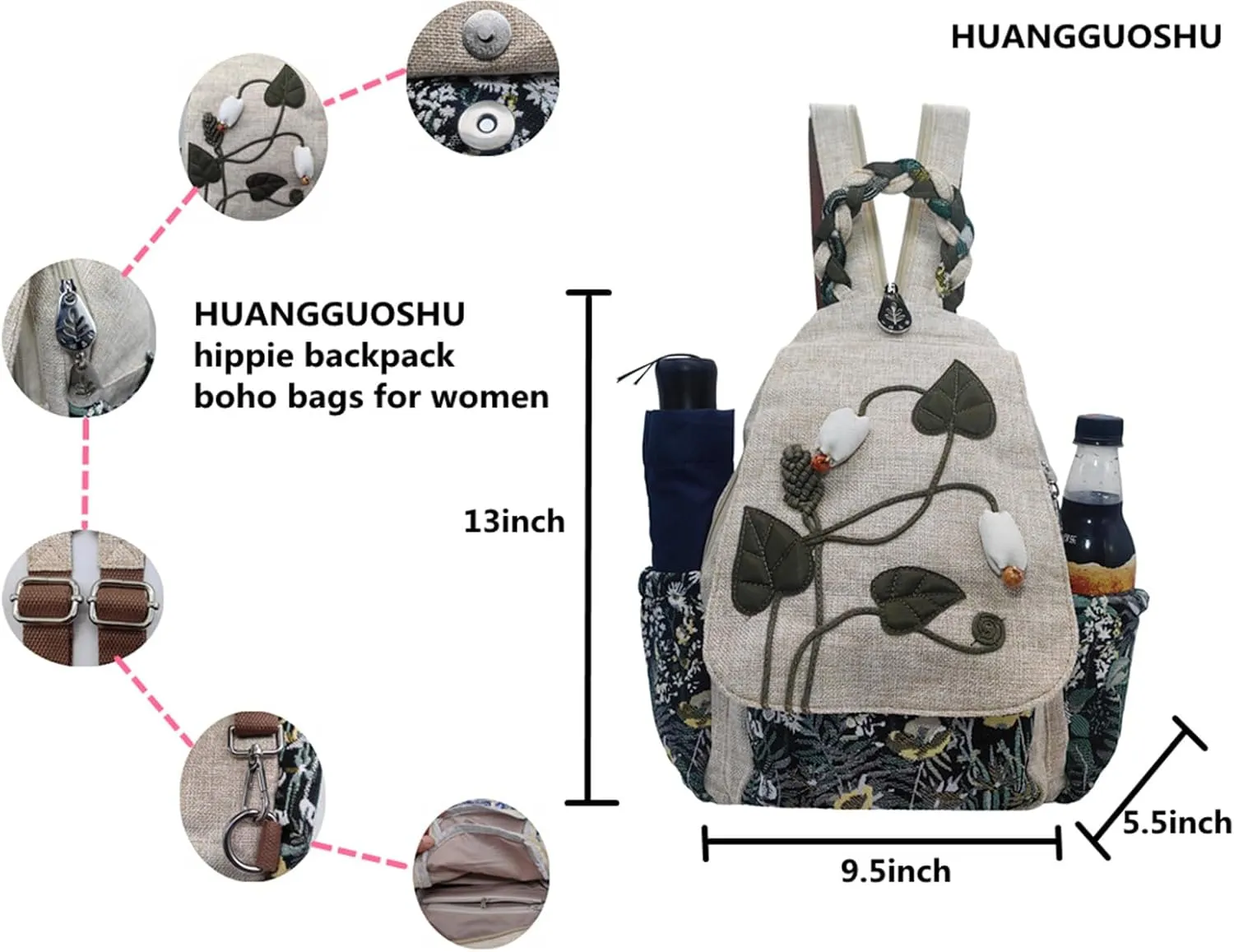 HUANGGUOSHU Ladies Casual hemp Backpack Bohemian Style Hand-woven lightweight school backpack Buckle Multi-pocket Shoulder Messenger Purse Handbag