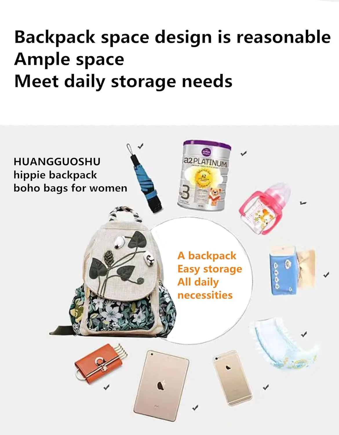 HUANGGUOSHU Ladies Casual hemp Backpack Bohemian Style Hand-woven lightweight school backpack Buckle Multi-pocket Shoulder Messenger Purse Handbag