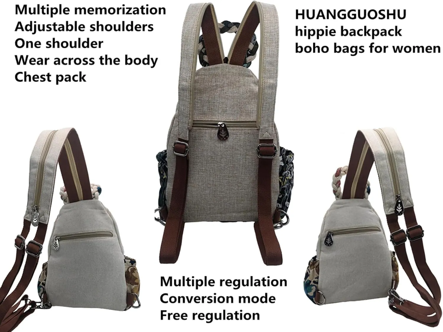 HUANGGUOSHU Ladies Casual hemp Backpack Bohemian Style Hand-woven lightweight school backpack Buckle Multi-pocket Shoulder Messenger Purse Handbag