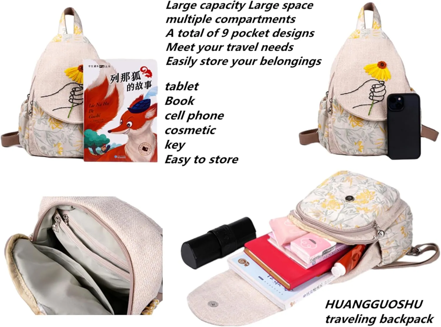 HUANGGUOSHU Women Small Backpack Cute Mini Casual Daypack Hiking Bag College Green Convertible Boho Women School Hippie Travel Nurse Bag Diaper Japanese Chrysanthemum