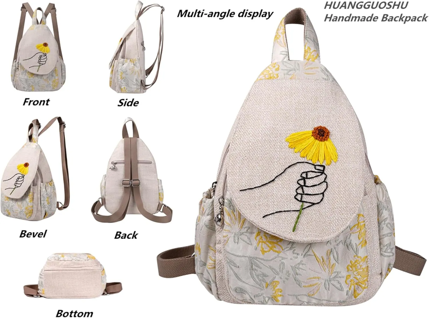 HUANGGUOSHU Women Small Backpack Cute Mini Casual Daypack Hiking Bag College Green Convertible Boho Women School Hippie Travel Nurse Bag Diaper Japanese Chrysanthemum