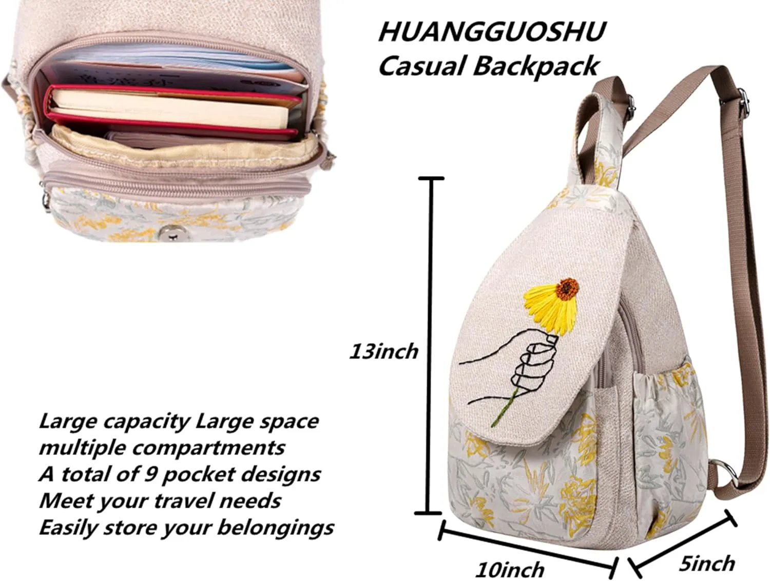 HUANGGUOSHU Women Small Backpack Cute Mini Casual Daypack Hiking Bag College Green Convertible Boho Women School Hippie Travel Nurse Bag Diaper Japanese Chrysanthemum