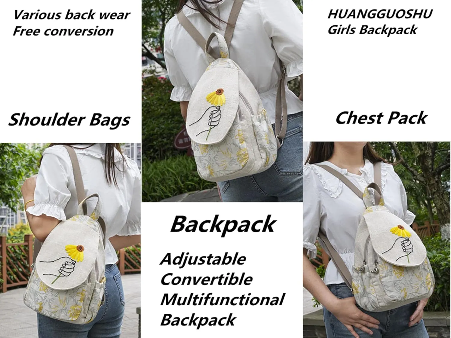 HUANGGUOSHU Women Small Backpack Cute Mini Casual Daypack Hiking Bag College Green Convertible Boho Women School Hippie Travel Nurse Bag Diaper Japanese Chrysanthemum
