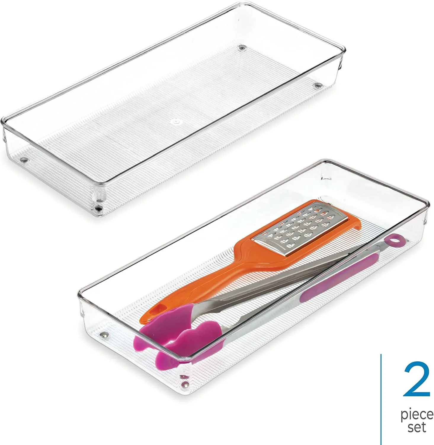 iDesign Linus Plastic Kitchen Drawer Organizer for Silverware, Spatulas, Cutlery, Gadgets, Office Supplies, Cosmetics, Set of 2, Clear