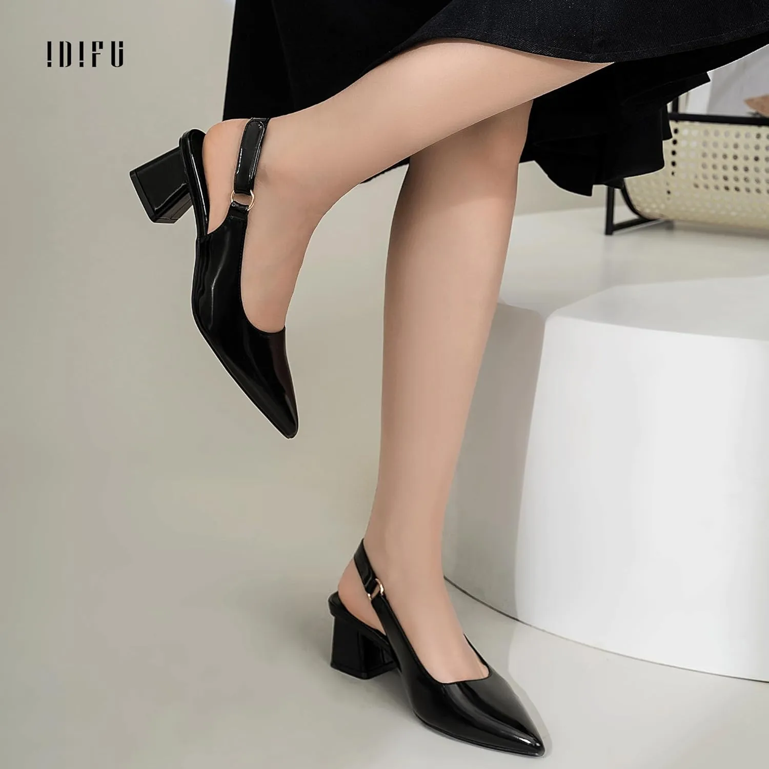 IDIFU IN2 Slingback Closed Toe Heels Chunky Low Block Short Heels Women's Pumps Hook and Loop Pointed Toe Wedding Bride Prom Dress Shoes for Women Dressy Comfortable Cute Small Thick Pumps Shoes