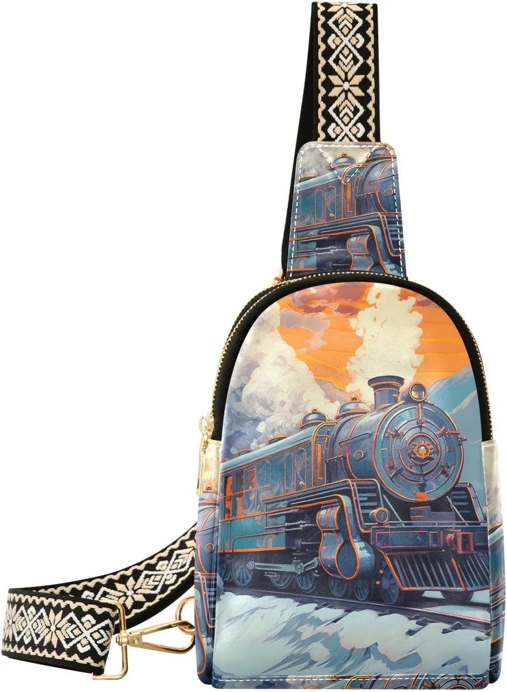 Illustration Train Railroad Print Women Sling Bag with Adjustable Strap Zipper Closure, PU Leather Water Resistant Crossbody Bag Purse Chest Bag