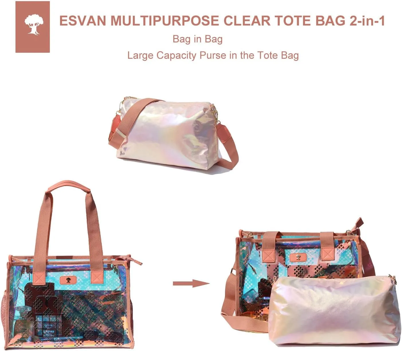 Iridescent Soap Bubble Tote Clear Bag for Stadium Events with Bag-in-Bag Shoulder Bag for Concert Beach