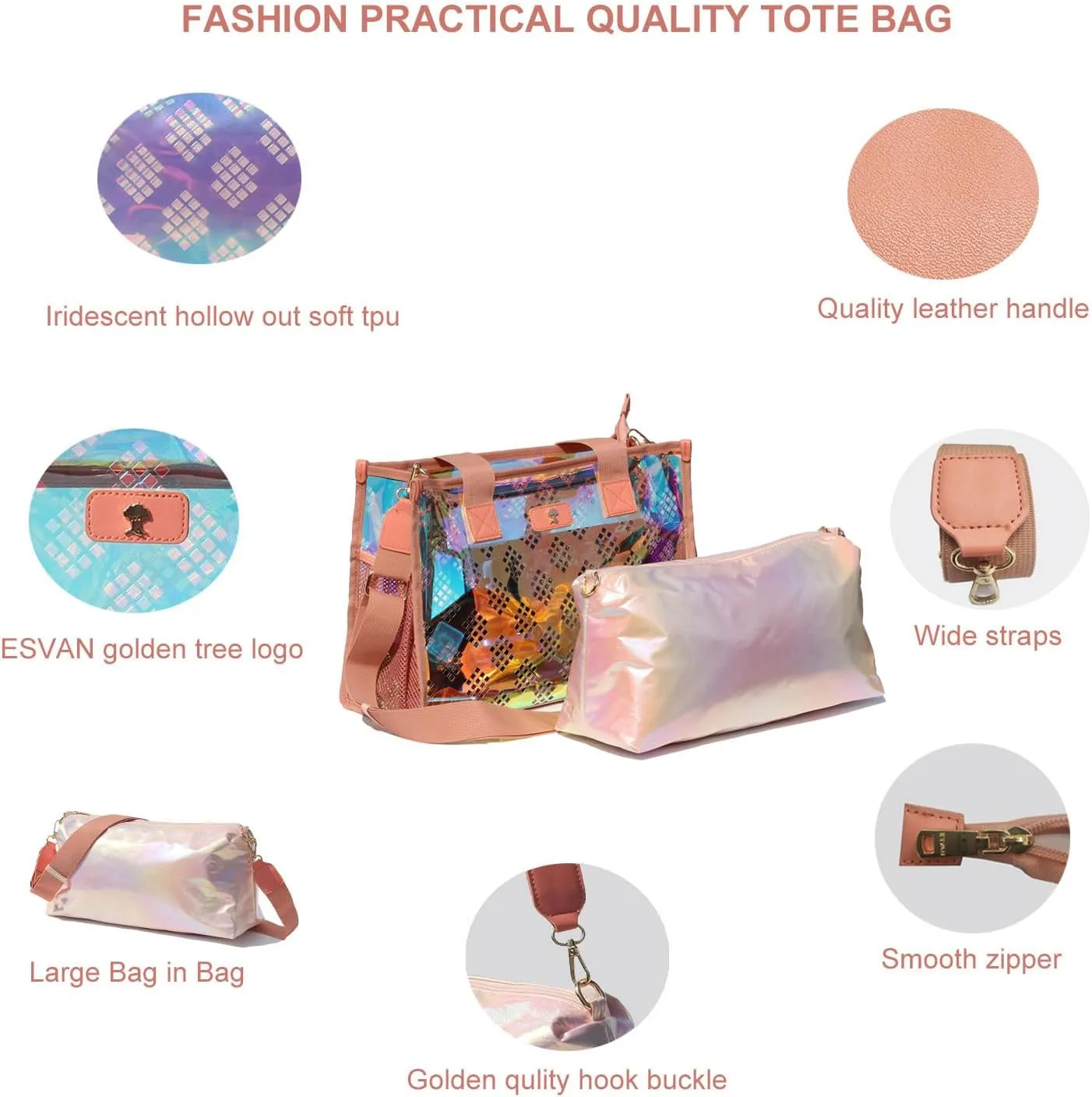 Iridescent Soap Bubble Tote Clear Bag for Stadium Events with Bag-in-Bag Shoulder Bag for Concert Beach