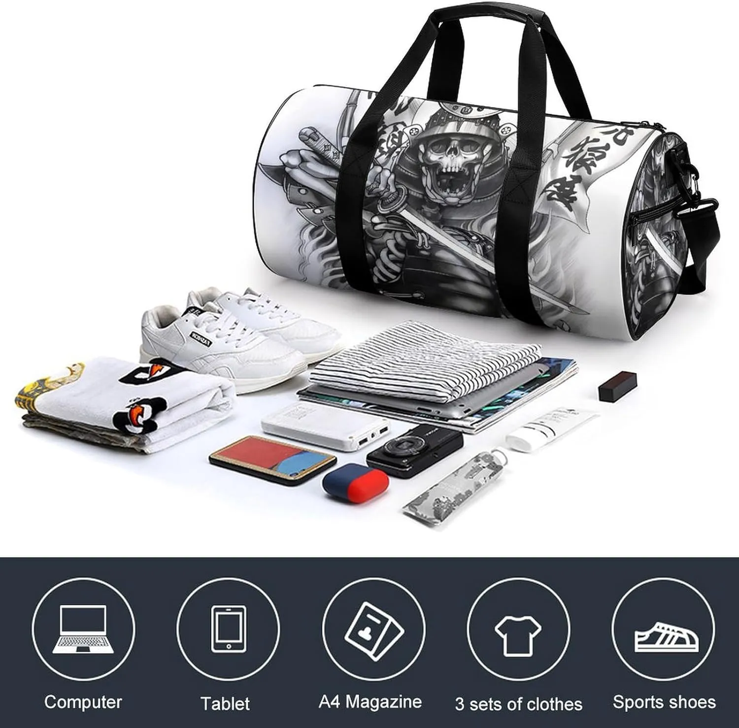 Japanese Samurai Graphic Duffelbag Utility Bag Cylindrical Duffelbags Picnic Bags Gym Satchel Travel Handbag Convertible Duffle 17.7in/9in/9in