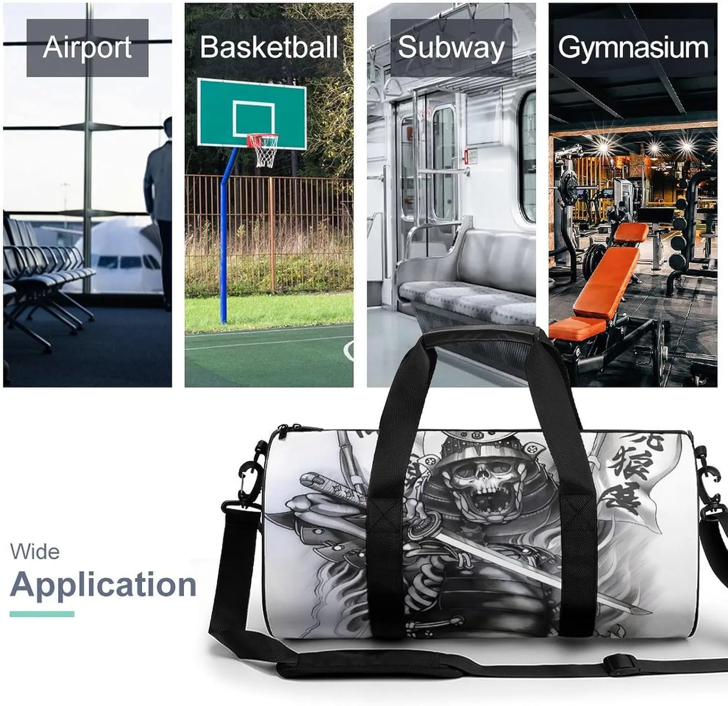 Japanese Samurai Graphic Duffelbag Utility Bag Cylindrical Duffelbags Picnic Bags Gym Satchel Travel Handbag Convertible Duffle 17.7in/9in/9in