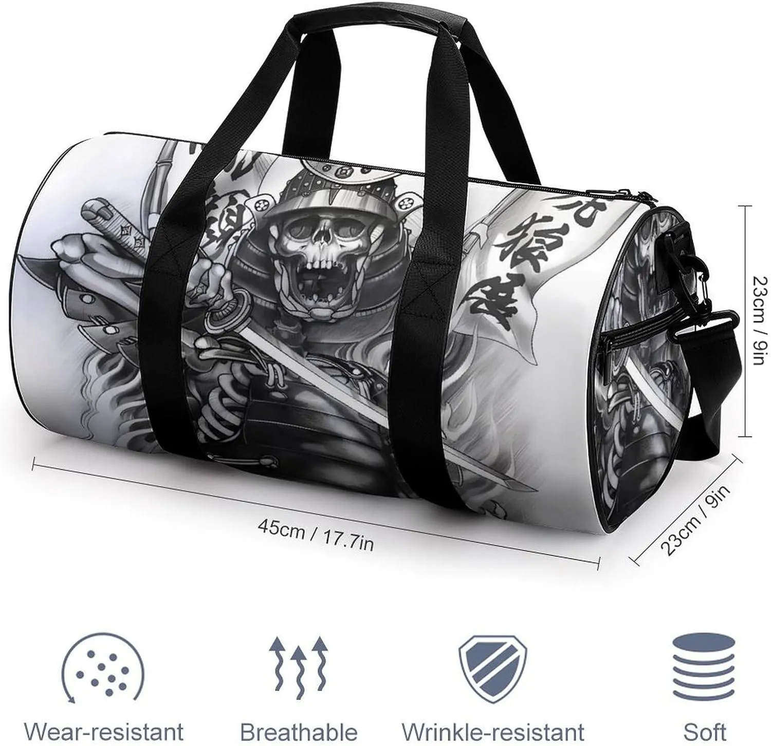 Japanese Samurai Graphic Duffelbag Utility Bag Cylindrical Duffelbags Picnic Bags Gym Satchel Travel Handbag Convertible Duffle 17.7in/9in/9in