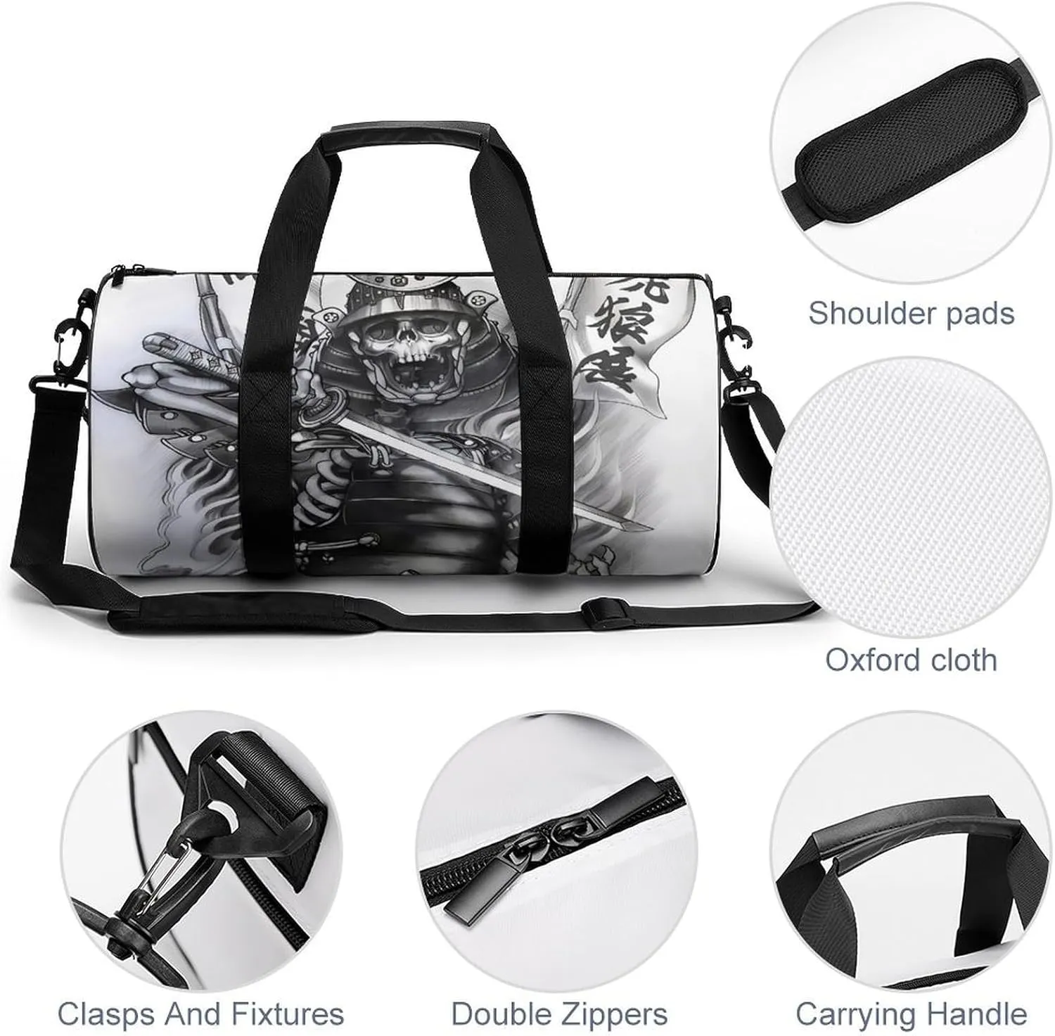 Japanese Samurai Graphic Duffelbag Utility Bag Cylindrical Duffelbags Picnic Bags Gym Satchel Travel Handbag Convertible Duffle 17.7in/9in/9in