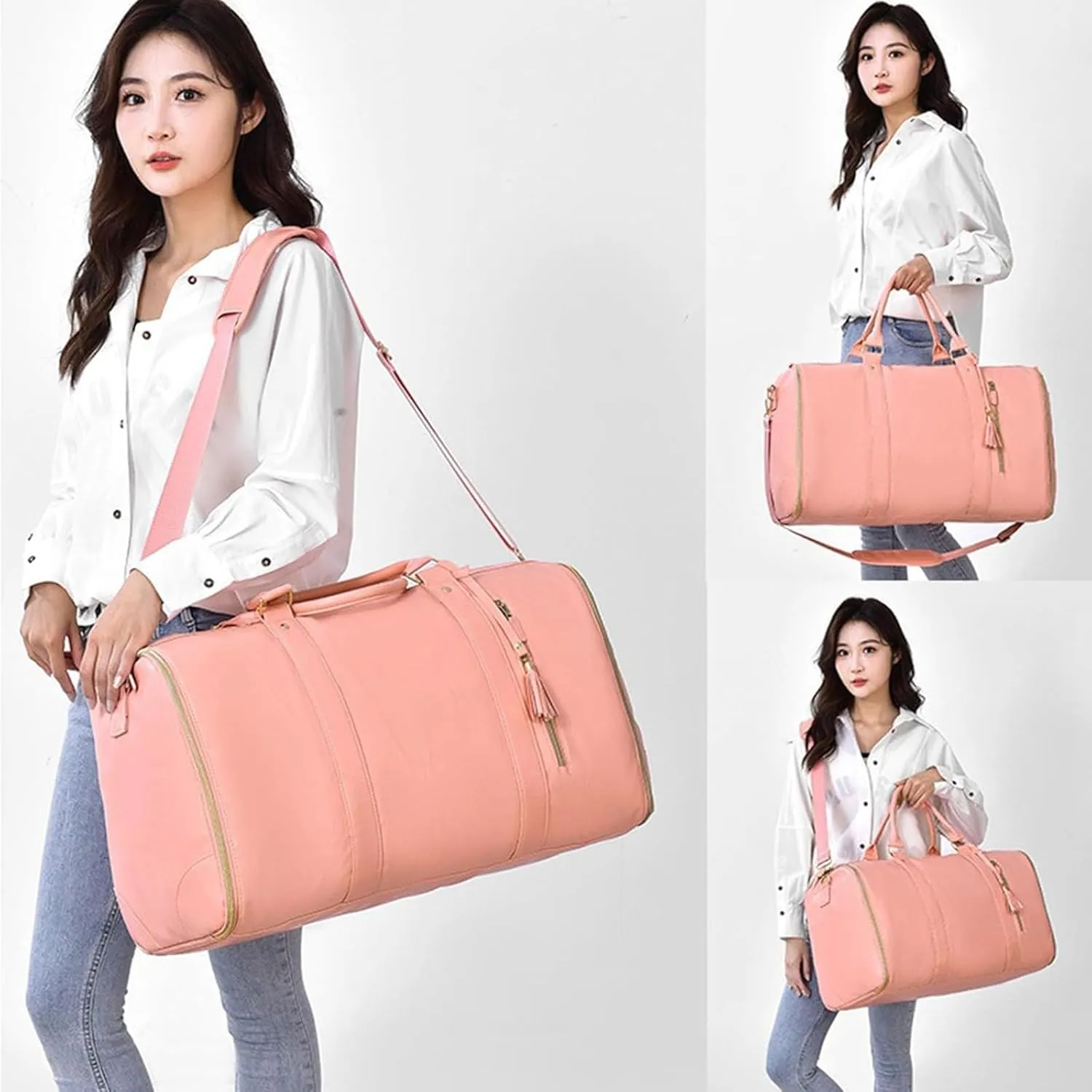 Jenni Bag, PU Leather 2 in 1 Hanging Suitcase Travel Bags, Jenni Bag Travel Bag with Wheels, Convertible Garment Duffel Bag, High Capacity with Shoe Compartment (Beige-Without pull rod)