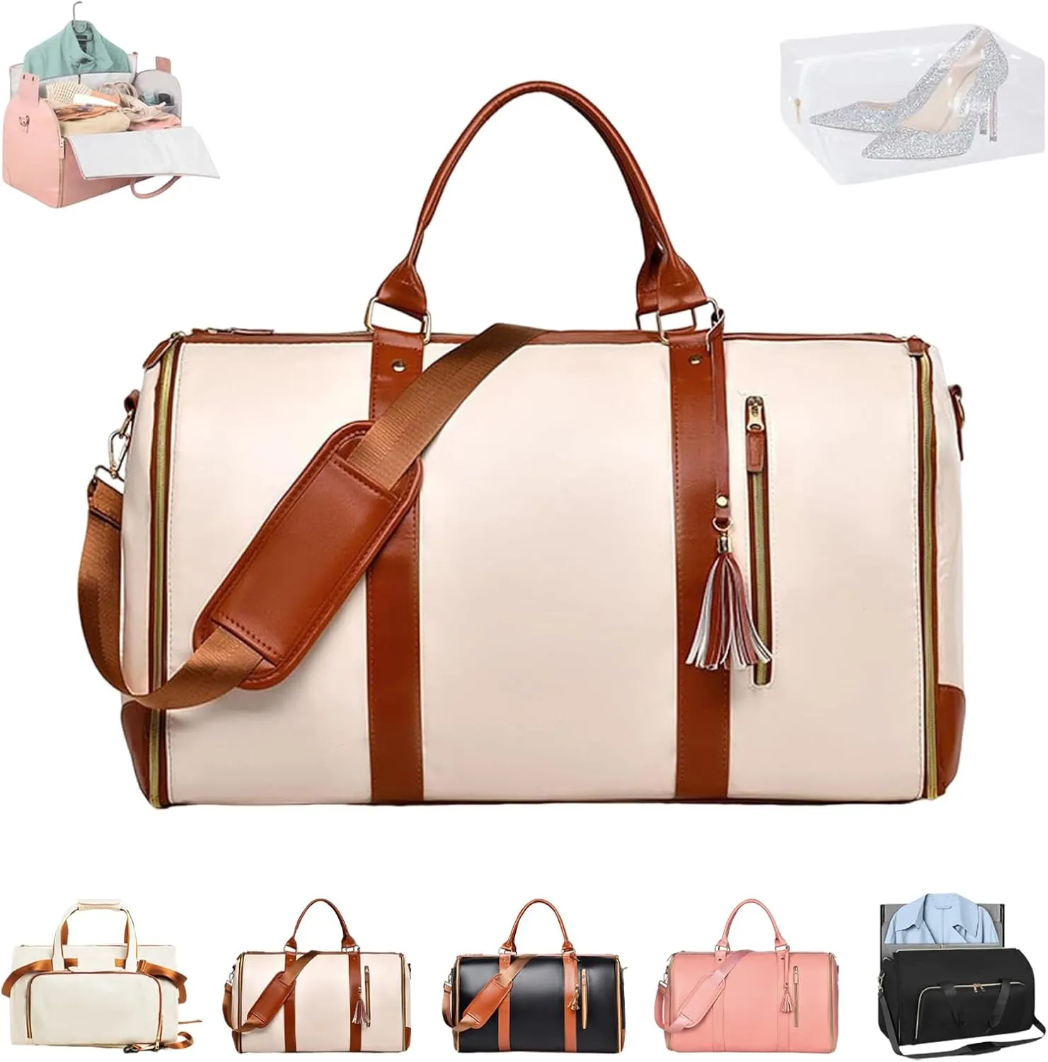 Jenni Bag, PU Leather 2 in 1 Hanging Suitcase Travel Bags, Jenni Bag Travel Bag with Wheels, Convertible Garment Duffel Bag, High Capacity with Shoe Compartment (Beige-Without pull rod)