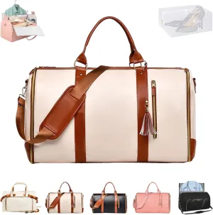 Jenni Bag, PU Leather 2 in 1 Hanging Suitcase Travel Bags, Jenni Bag Travel Bag with Wheels, Convertible Garment Duffel Bag, High Capacity with Shoe Compartment (Beige-Without pull rod)