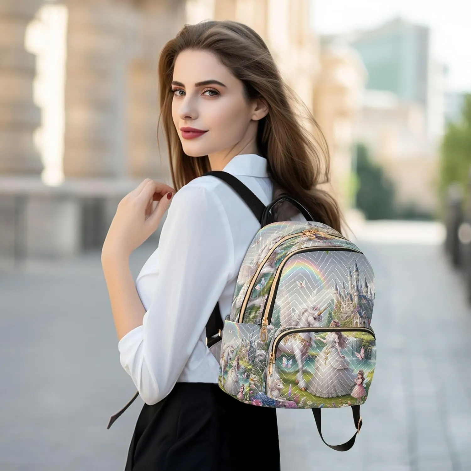 Joisal Beautiful Princess with White Unicorn Purse Backpack Anti Theft Computer Backpack for Women Medium Travel Backpack Purse for Women