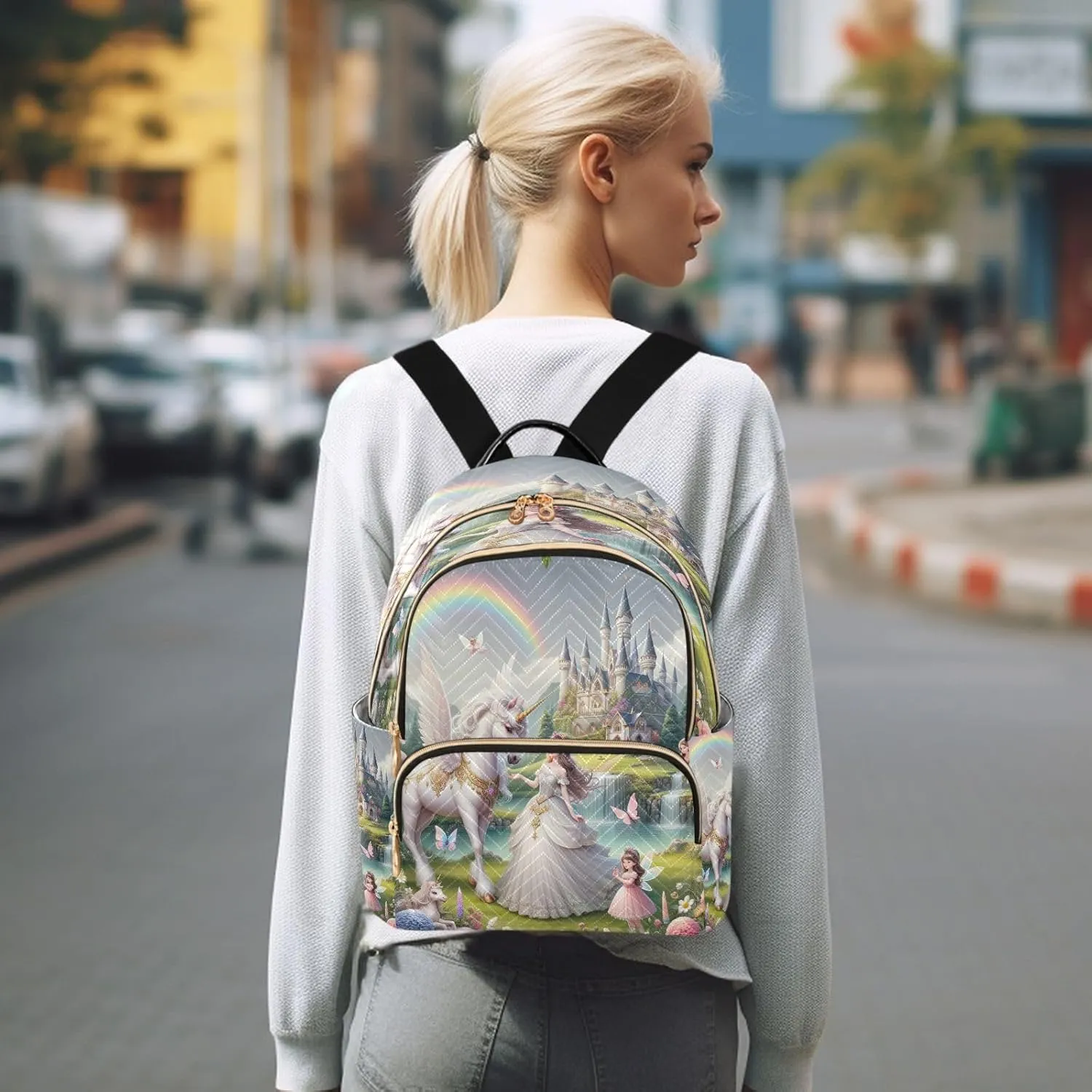 Joisal Beautiful Princess with White Unicorn Purse Backpack Anti Theft Computer Backpack for Women Medium Travel Backpack Purse for Women