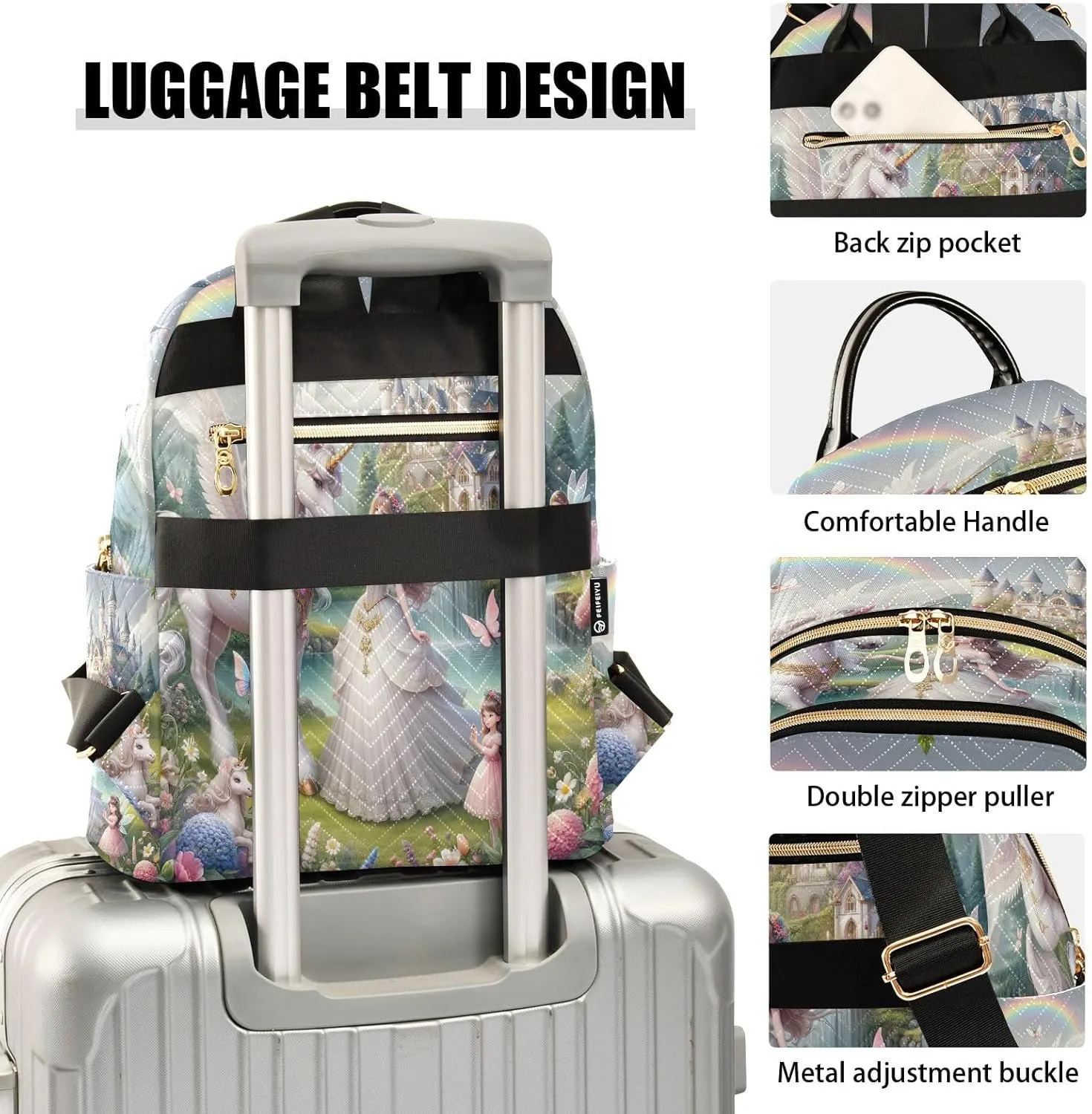 Joisal Beautiful Princess with White Unicorn Purse Backpack Anti Theft Computer Backpack for Women Medium Travel Backpack Purse for Women